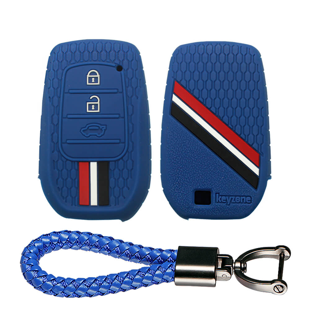 Keyzone striped key cover and keychain fit for: Invicto, Innova Crysta, Innova HyCross, Fortuner, Hilux, Fortuner Legender 2/3 button smart key (KZS-20, Leather Thread Keychain) - Keyzone