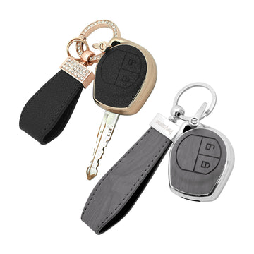 Keyzone Combo Pack – Woodgrain & Litchi Leather TPU Key Covers & Keychain (WDTP23 & BLTP23) for Fronx, Jimny, Swift, Dzire, XL6, Ignis, Grand Vitara, Brezza, WagonR, Celerio, Ertiga, Ciaz, Scross, Baleno, Alto 2B Remote Key