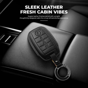 Keyzone Leather Key Cover & AC Vent Car Perfume with 4 fragrances for Kia Seltos, Sonet, Carens, Seltos X-line 4 button smart key(PK61)