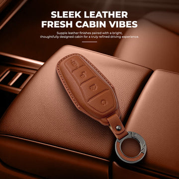 Keyzone Leather Key Cover & AC Vent Car Perfume with 4 fragrances for BYD Seal, Atto 3 4 button smart key(PK85)