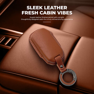 Keyzone Leather Key Cover & AC Vent Car Perfume for Kia Carens Clavis, Seltos, Sonet, Carens 2023 Onwards 4 button smart key(PK77)