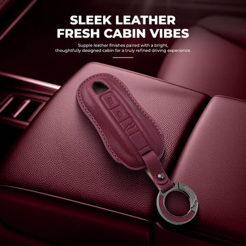 Keyzone Leather Key Cover & AC Vent Car Perfume for Porsche Taycan, Cayenne, Panamera, 911, Carrera 3 button smart key(PK81)
