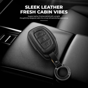 Keyzone Leather Key Cover & AC Vent Car Perfume with 4 fragrances for Hyundai i20, Creta, Venue, Tucson, Alcazar, Grand i10, Verna, Xcent, Aura, Elantra 3 button smart key(PK07)