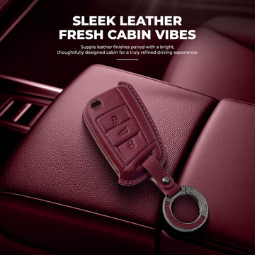 Keyzone Leather Key Cover & AC Vent Car Perfume with 4 fragrances for Skoda & Volkswagen Cars Virtus, Kylaq, Slavia, Kodiaq, Kushaq, Taigun, Tiguan, Octavia, Superb, Jetta, Karoq, T-ROC flip key (PK44)