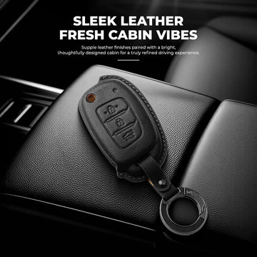Keyzone Leather Key Cover & AC Vent Car Perfume with 4 fragrances for Hyundai i20, Creta, Venue, Tucson, Alcazar, Grand I10, Aura, Xcent, Exter 3 button flip key(PK10)