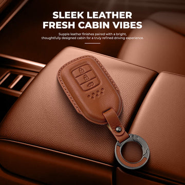Keyzone Leather Key Cover & AC Vent Car Perfume Compatible for Honda Elevate, City, Accord, Amaze, CR-V, WR-V 3 button smart key.(PK24-3B)