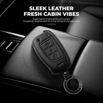 Keyzone Leather Key Cover & AC Vent Car Perfume with 4 fragrances for Hyundai i20, Venue, Kona, Verna 2018 Onwards 3 button flip key(PK43)