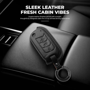 Keyzone Leather Key Cover & AC Vent Car Perfume with 4 fragrances for Mahindra Thar Roxx, Thar, Bolero, Scorpio, XUV700, XUV400, XUV3x0, XUV300, TUV300, Marazzo 3 button flip key(PK09)