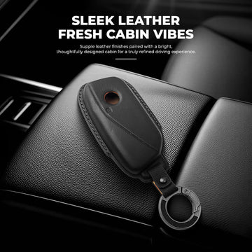 Keyzone Leather Key Cover & AC Vent Car Perfume with 4 fragrances for BMW 7 Series 740i 760i X1 X7 XM IX I7, X5 2023 Onwards 4 button smart key(PK83)