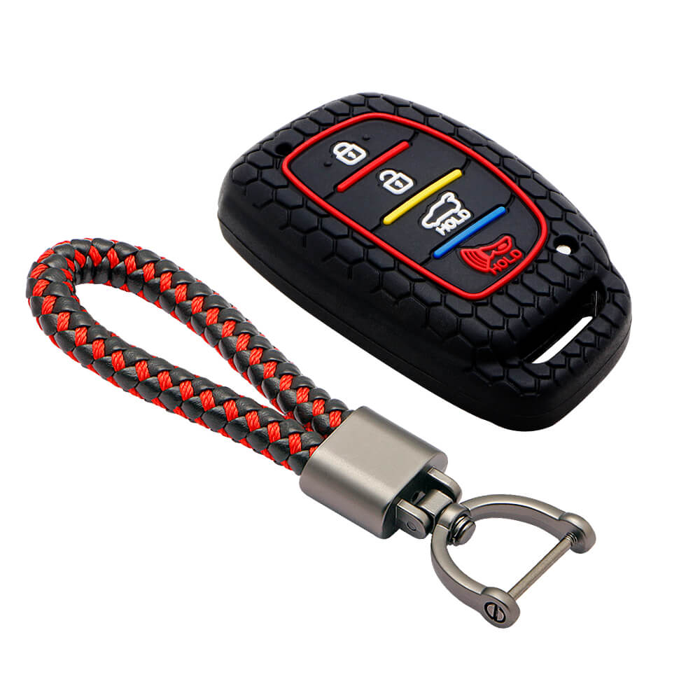 Keycare silicone key cover and keyring fit for : Venue, Elantra, Tucson, I20 N Line 2021, Creta 2020, i20 2020 Hyundai 4 button smart key (KC-30, Leather Thread Keyring) - Keyzone
