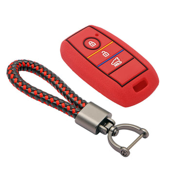 Keycare silicone key cover and keyring fit for : Kia Seltos 3 button smart key (KC-31, Leather Thread Keychain)