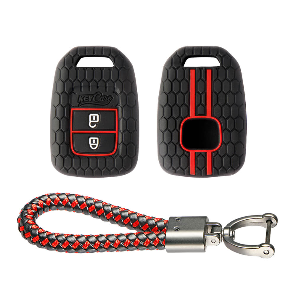 Keycare silicone key cover and keyring fit for : Wr-v, City, Jazz, Amaze 2014+ 2 button remote key (KC-33, Leather Thread Keychain) - Keyzone