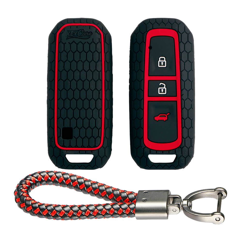 Keycare silicone key cover and keyring fit for : MG Hector 3 button smart key (KC-36, Leather Thread Keychain) - Keyzone