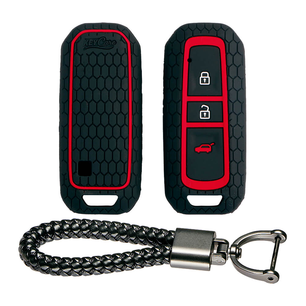 Keycare silicone key cover and keyring fit for : MG Hector 3 button smart key (KC-36, Leather Thread Keychain) - Keyzone