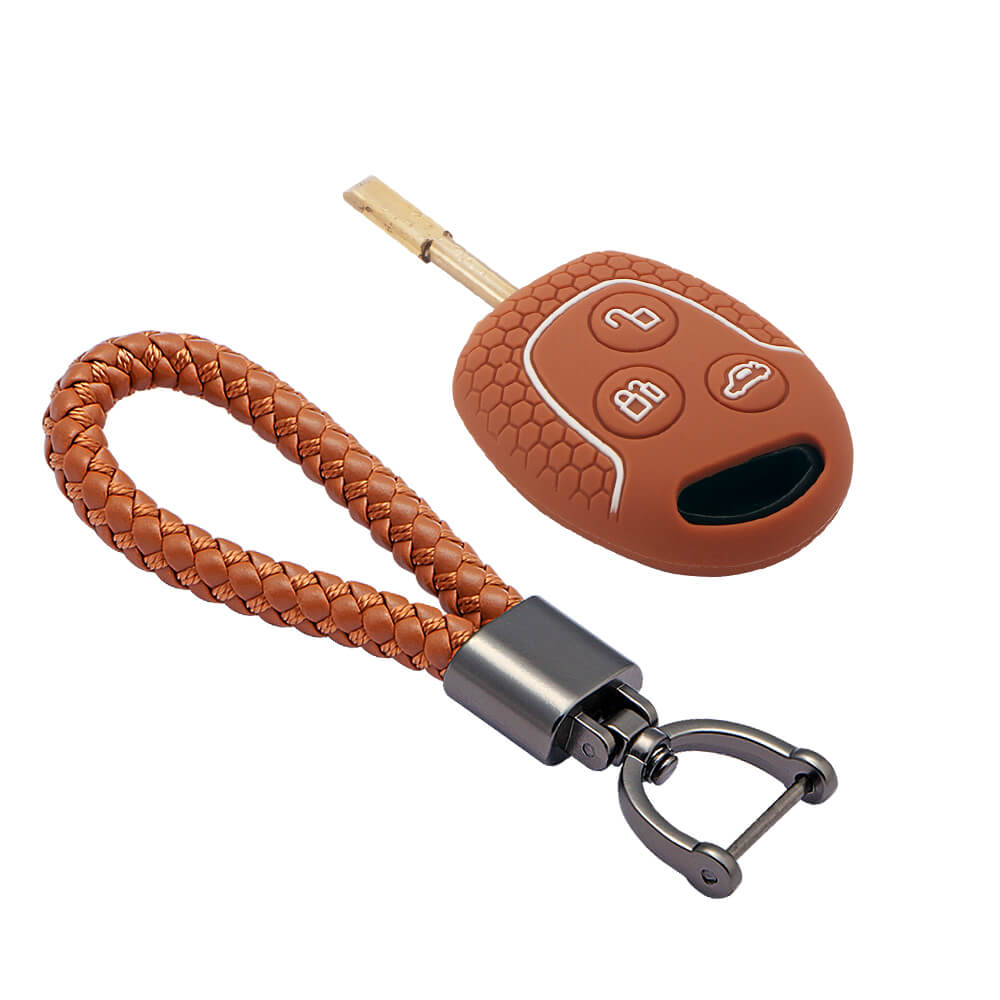 Keycare silicone key cover and keyring fit for : Fiesta, Fusion, Figo 3 button remote key (KC-37, Leather Thread Keychain) - Keyzone