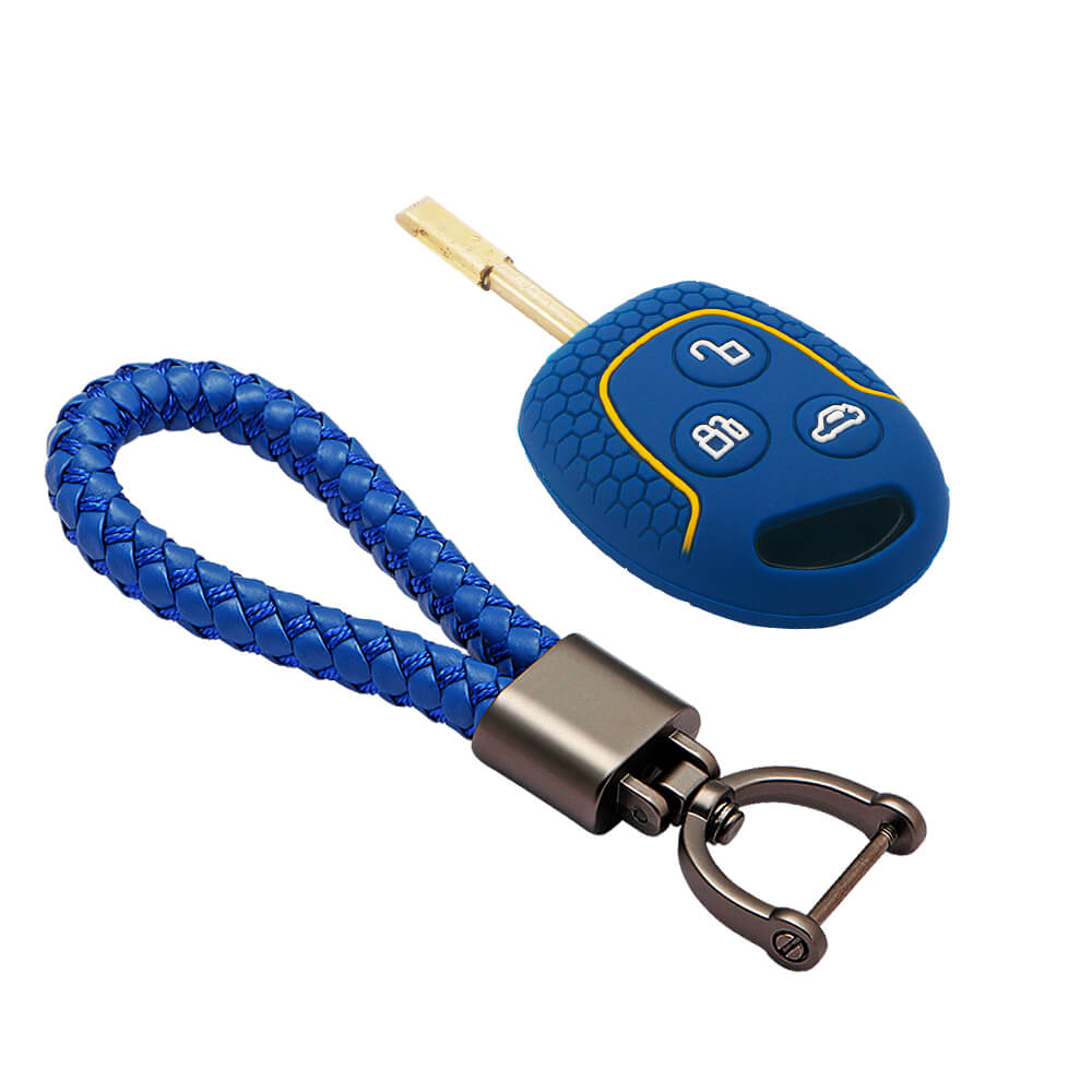 Keycare silicone key cover and keyring fit for : Fiesta, Fusion, Figo 3 button remote key (KC-37, Leather Thread Keychain) - Keyzone