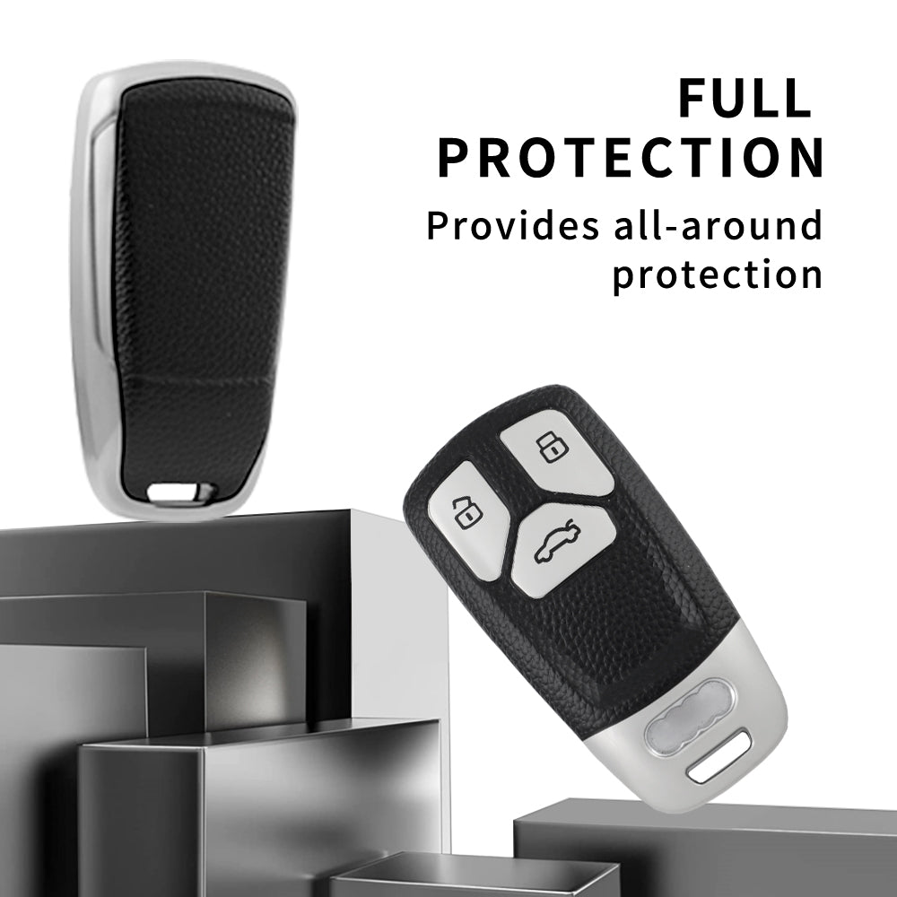 Keyzone leather TPU key cover & keychain compatible for Audi Q5, A5, A8, Q7, A4, A6 3 button smart key (LTPU47, LTPU Keychain) - Keyzone