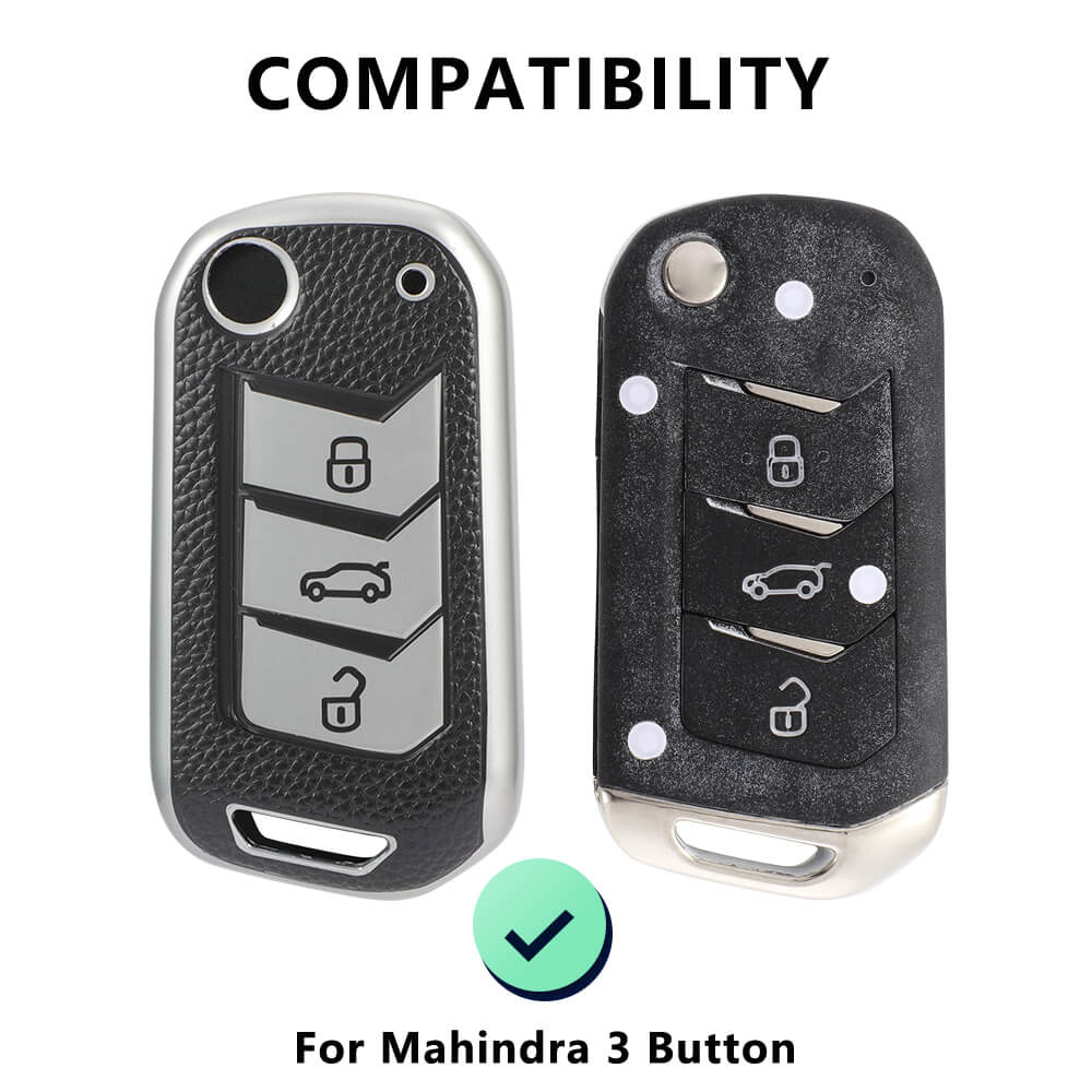 Keyzone Leather TPU Key Cover compatible for Thar, Scorpio, Bolero. XUV700, XUV400, XUV300, TUV300, Marazzo 3 button flip key (LTPU09) - Keyzone
