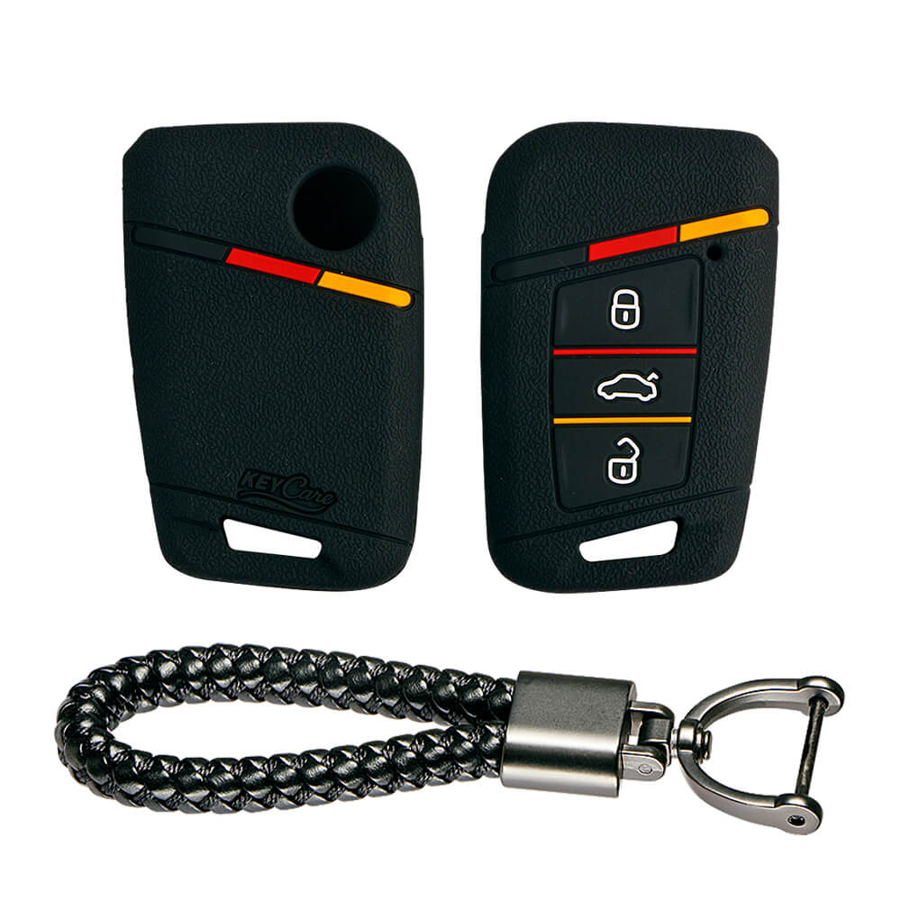Keycare silicone key cover and keyring fit for : Tiguan, Jetta, Passat Highline smart key (KC-40, Leather Thread Keychain) - Keyzone