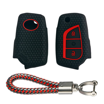 Keycare silicone key cover and keyring fit for : Innova Crysta, Corolla Altis 3 button flip key (KC-42, Leather Thread Keychain)