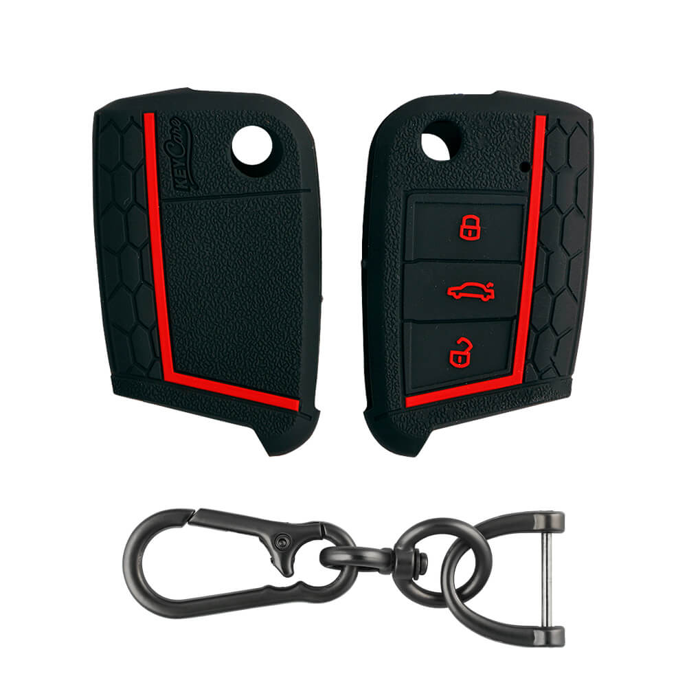 Keycare silicone key cover and keyring fit for : Virtus, Tiguan, T-ROC, Taigun, New Jetta 3 button flip key (KC-44, Zinc Alloy) - Keyzone