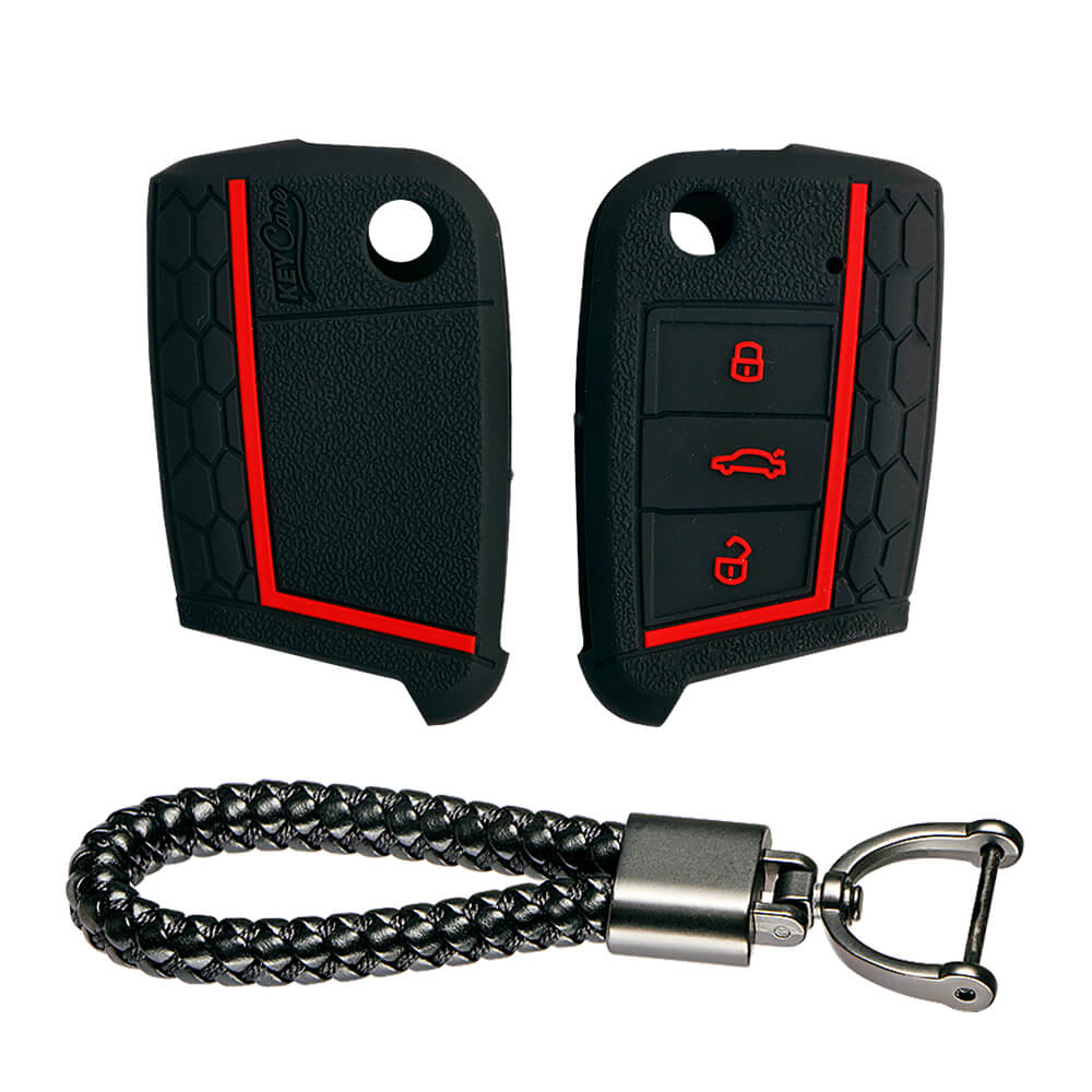 Keycare silicone key cover and keyring fit for : Virtus, Tiguan, T-ROC, Taigun, New Jetta 3 button flip key (KC-44, Leather Thread Keychain) - Keyzone