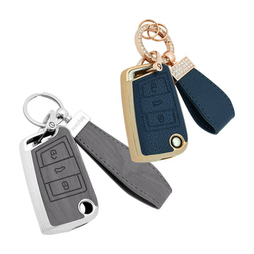 Keyzone Combo Pack – Woodgrain & Litchi Leather TPU Key Covers & Keychain (WDTP44 & BLTP44) for Virtus, Tiguan, T-Roc, Taigun, Jetta, Octavia, Karoq, Superb, Kodiaq, Slavia Flip Key