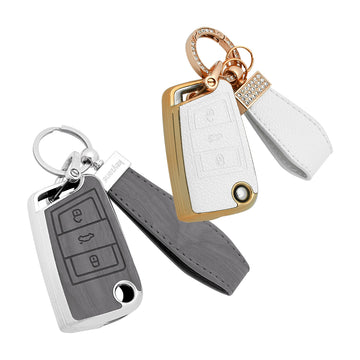 Keyzone Combo Pack – Woodgrain & Litchi Leather TPU Key Covers & Keychain (WDTP44 & BLTP44) for Virtus, Tiguan, T-Roc, Taigun, Jetta, Octavia, Karoq, Superb, Kodiaq, Slavia Flip Key