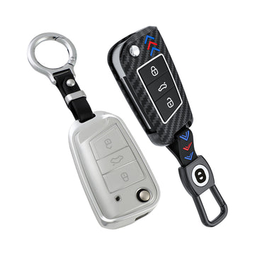 Keyzone Combo Pack – ABS & Aluminium Alloy Key Cover for Virtus, Tiguan, T-Roc, Taigun, Jetta 3 Button Flip Key (ABS44_vw + ALM44)