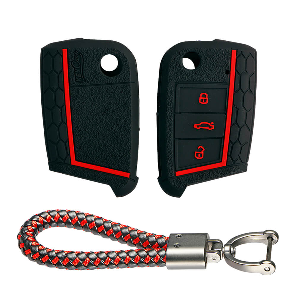 Keycare silicone key cover and keyring fit for : Karoq, Octavia, Superb, Kodiaq, Slavia flip key (KC-44, Leather Thread Keychain) - Keyzone