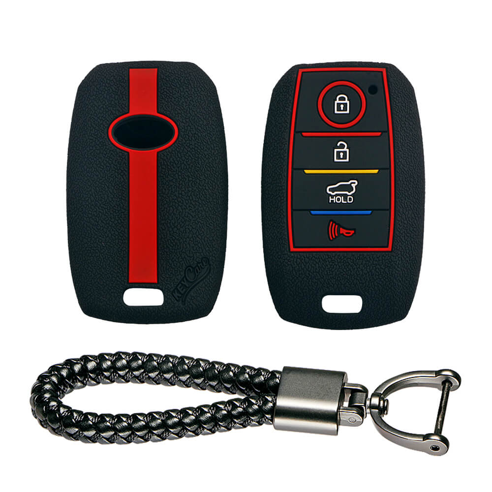 Keycare silicone key cover and keyring fit for : Kia Seltos 4 button smart key (KC-49, Leather Thread Keychain) - Keyzone