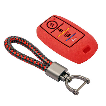 Keycare silicone key cover and keyring fit for : Kia Seltos 4 button smart key (KC-49, Leather Thread Keychain)
