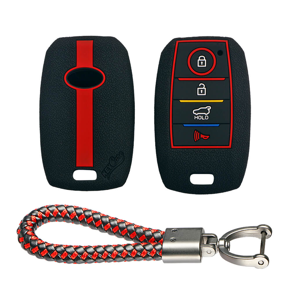 Keycare silicone key cover and keyring fit for : Kia Seltos 4 button smart key (KC-49, Leather Thread Keychain) - Keyzone