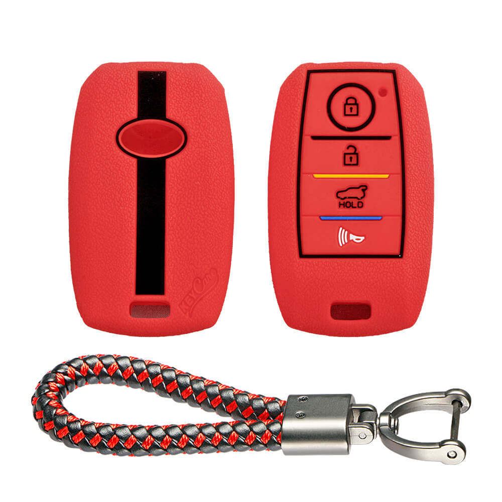Keycare silicone key cover and keyring fit for : Kia Seltos 4 button smart key (KC-49, Leather Thread Keychain)