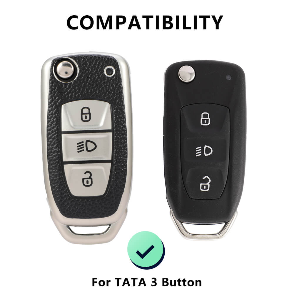 Keyzone Leather TPU Key Cover compatible for Tata Nexon Harrier Altroz Punch Safari Tigor Tiago Zest Bolt 3 button flip key (LTPU29) - Keyzone