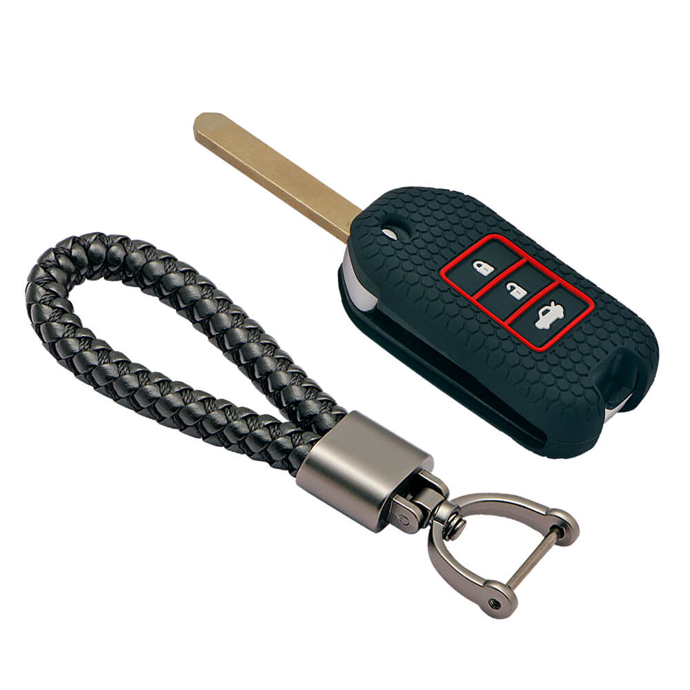 Keycare silicone key cover and keyring fit for : City, Wr-v flip key (KC-50, Leather Thread Keychain) - Keyzone