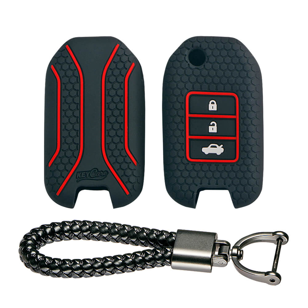 Keycare silicone key cover and keyring fit for : City, Wr-v flip key (KC-50, Leather Thread Keychain) - Keyzone