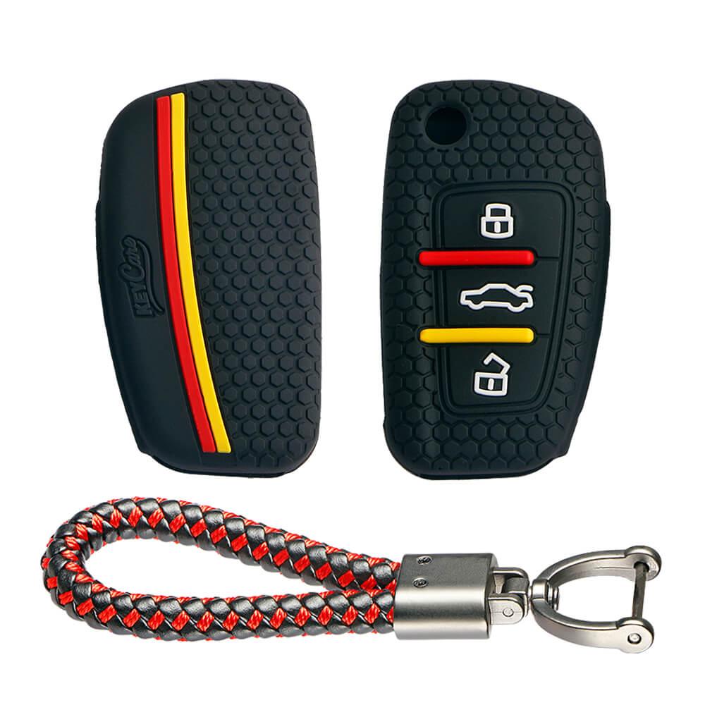 Keycare silicone key cover and keyring fit for : Audi 3 button flip key (KC-57, Leather Thread Keychain) - Keyzone