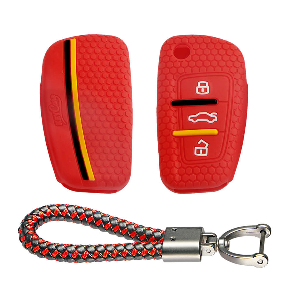 Keycare silicone key cover and keyring fit for : Audi 3 button flip key (KC-57, Leather Thread Keychain)