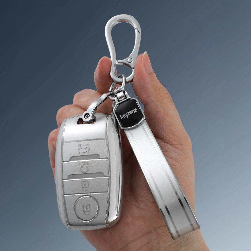 Keyzone silver dust TPU key cover & keychain for Sonet, Seltos, Carens, Sonet X-line 4 Button Smart Key (SDTP61, SDTPKeychain)