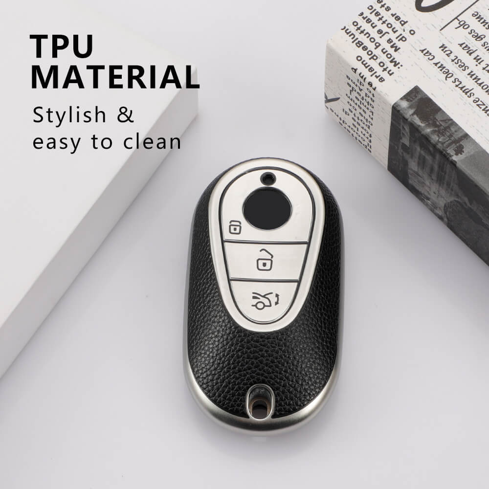 Keyzone Leather TPU Key Cover Compatible for Mercedes Benz S-Class G-Class E-Class 2022 Onwards 3 Button Smart Key (LTPU71) - Keyzone