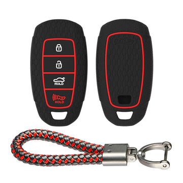 Keycare silicone key cover and keyring fit for : Verna 2020 4 button smart key (KC-60, Leather Thread Keychain) - Keyzone