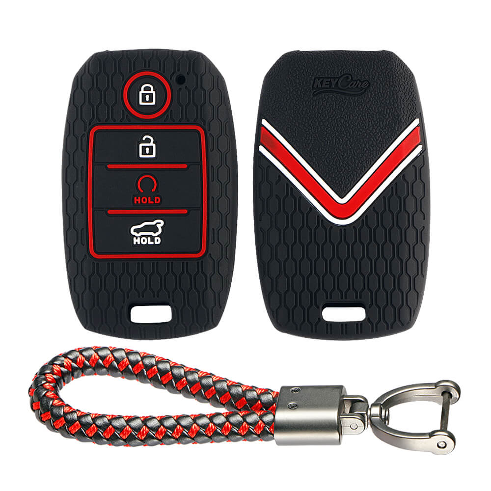 Keycare silicone key cover and keyring fit for : Sonet, Seltos 2020, Carens, Seltos X-line 4 button smart key (KC-61, Leather Thread Keyring)