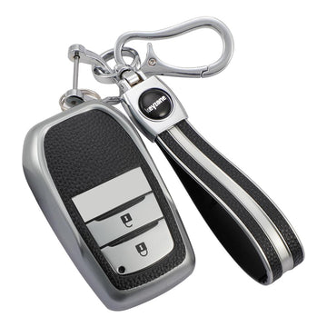 Keyzone leather TPU key cover & keychain for Innova Crysta, Innova HyCross, Hilux 2 button smart key (LTPU18_2b, LTPUKeychain)