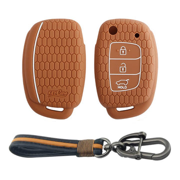Keycare silicone key cover and keychain fit for : Creta, I20 2020, I20 Elite, I20 Active, Grand I10, Aura, Xcent 19 Onwards, Venue flip key (KC-10, Full leather keychain)
