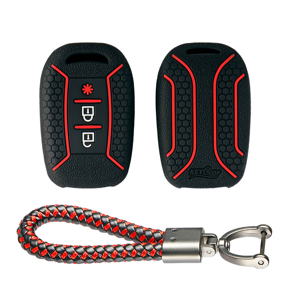 Keycare silicone key cover and keychain fit for : Duster 2020 3 button remote key (KC-62, Leather Thread Keychain)