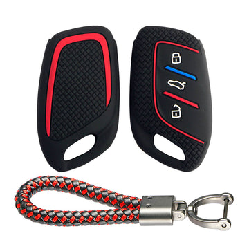Keycare Silicone Key Cover and keychain Fit for MG : MG ZS EV, Astor 3 Button Smart Key (KC65, Leather Thread Keychain) - Keyzone