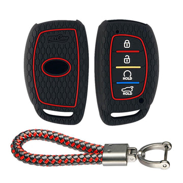 Keycare silicone key cover and keyring fit for : Alcazar and Creta 2021 4 button smart key (KC-67, Leather Thread Keyring) - Keyzone