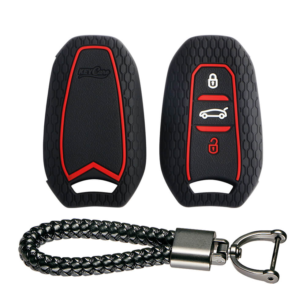 Keycare silicone key cover and keyring fit for : Citroen C5 Aircross 3 button smart key (KC-66, Leather Thread Keychain) - Keyzone
