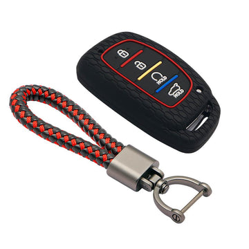Keycare silicone key cover and keyring fit for : Alcazar and Creta 2021 4 button smart key (KC-67, Leather Thread Keyring)